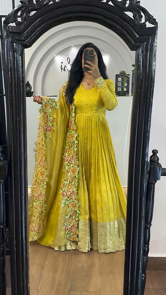 Heavy Chinon Silk And Micro Cotton With Elastic & Heavy Tissue Net With Heavy Embroidery Work Lace Border Bottom Gown