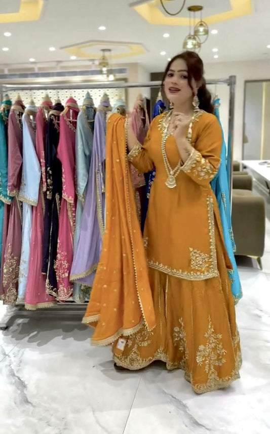 PURE NATURAL CREPE WITH HEAVY MICRO COTTON AND BEAUTIFUL EMBROIDERY SEQUENCE WORK PALAZZO KURTI