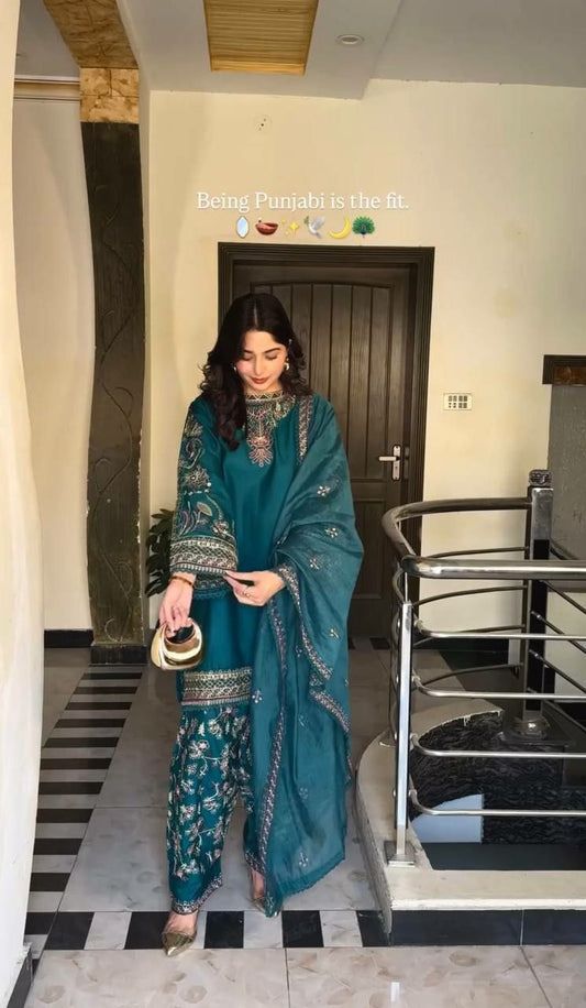 Pure Faux Georgette With Heavy Micro Cotton And Embroidery Sequence Work With Elastic Dhoti Salwar