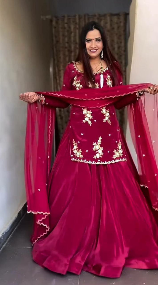 Natural Crepe Silk With Sequence Multi Needle Embroidery Work And Zari Work Top & Lehenga