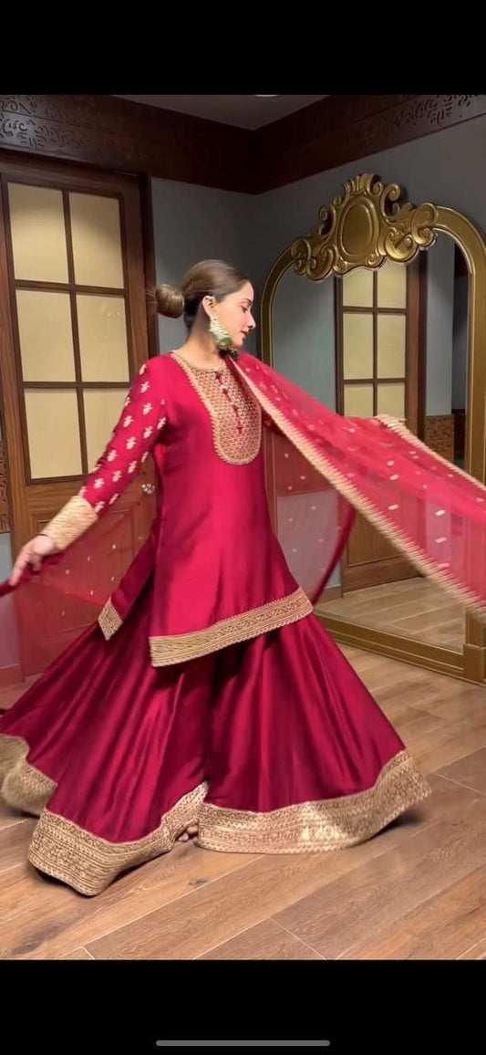 Pure Natural Satin Silk With Heavy Embroidery Sequence Work And Full Flair Sharara Palazzo Dress