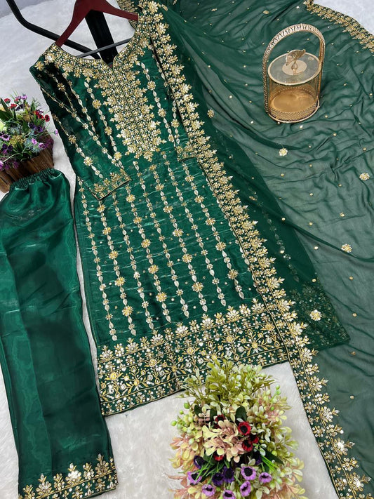 HEAVY JIMMY CHU SILK WITH PRETTY EMBROIDERY SEQUENCE WORK AND THREAD WORK KURTI