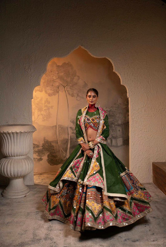 Heavy Muslin Cotton With Beautiful Digital Print With Real Mirror Work & Lampi Lace Work Lehenga Choli