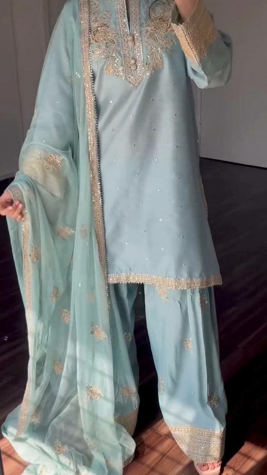 Chinon Silk With Heavy Micro Cotton And Embroidery Sequence Work With Elastic Palazzo Dress