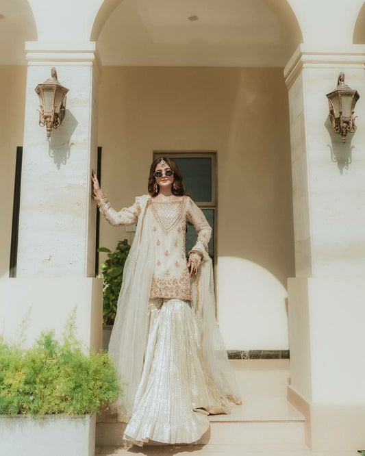 Fox Georgette With Heavy Micro Cotton With Embroidery Work & Moti Work With Lace Border Dupatta Type Sharara Palazzo Dress