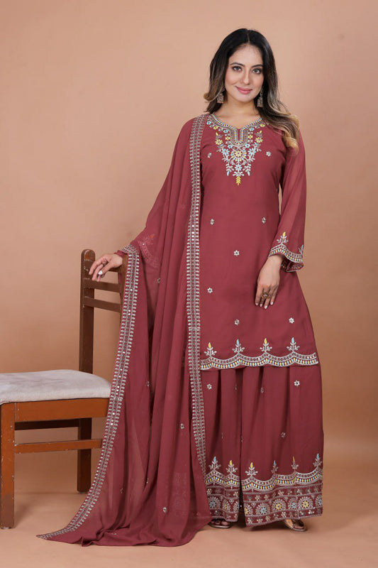 Fox Georgette With Heavy Coding Sequence Embroidery Work And Full Stich With Elastic Sharara Dress