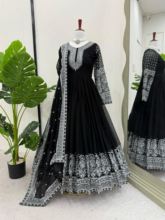 Faux Georgette Fabric & Thread With Sequence Work And Four side lace Border Dress
