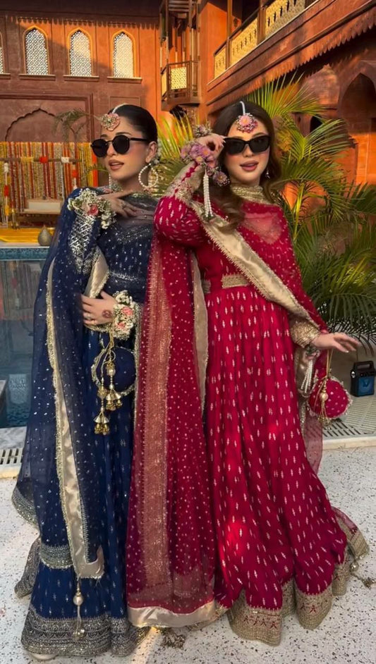 Heavy Pure Chinon Silk And Embroidery Sequence Work With Tassels & Four Side Fancy Lace Border Type Bottom Gown