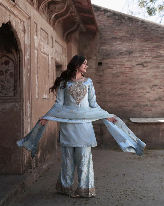 PURE CHINON SILK WITH ATTRACTIVE & BEUTYFUL EMBROIDERY SEQUENCE WORK AND READY MADE LACE BORDER KURTI PALAZZO DRESS