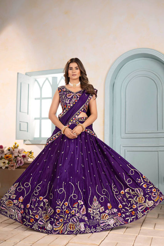 Chinon With Sequins And Treads Embroidery Work With Cancan And Canvas Lehenga Choli