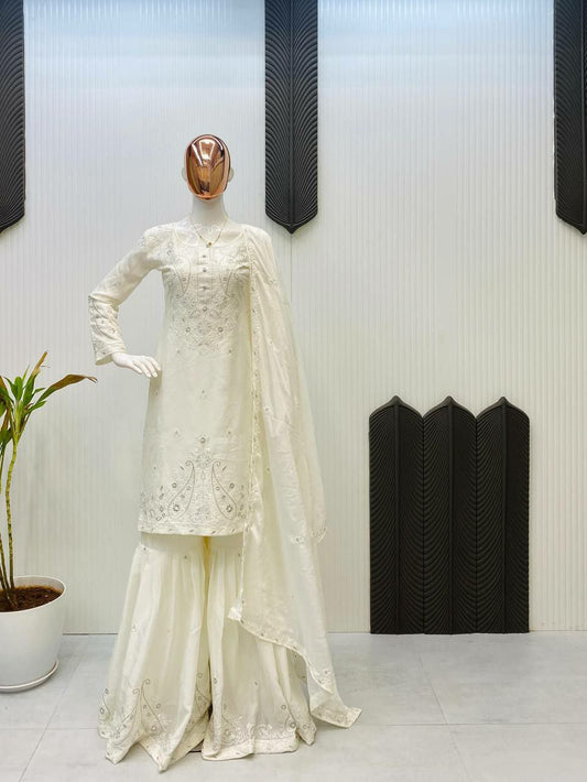 CHINON WITH MICRO INNER AND SEQUENCE EMBROIDERY WORK SHARARA DRESS