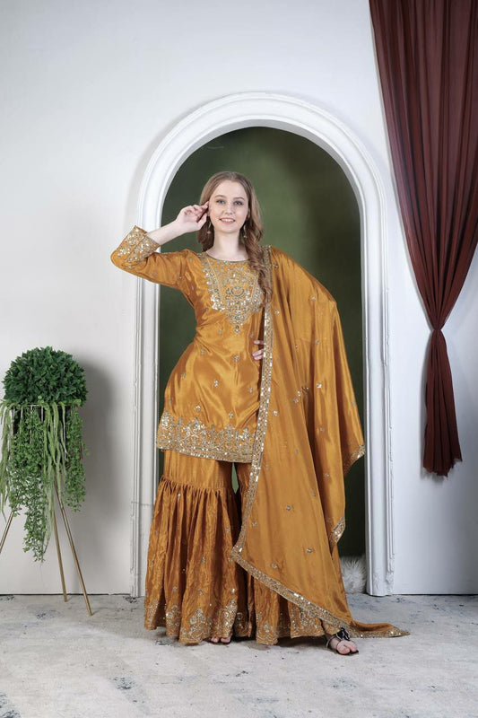 Pure Chinon Silk With Heavy Micro Cotton And Heavy Embroidery And Sequence Work With Lace Border Sharara Dress