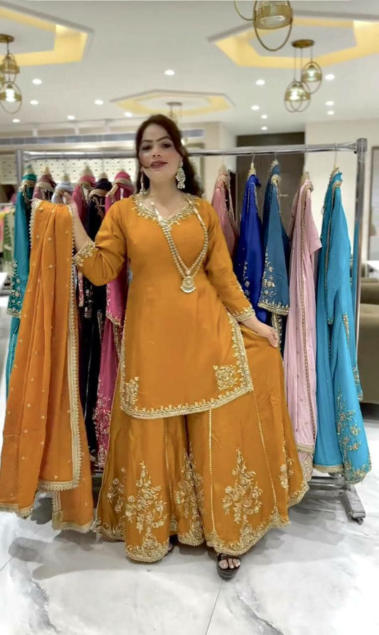 PURE NATURAL CREPE WITH HEAVY MICRO COTTON AND BEAUTIFUL EMBROIDERY SEQUENCE WORK PALAZZO KURTI