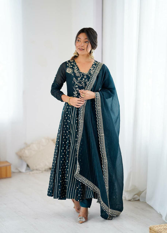 Crunchy Silk With Heavy Micro Cotton With Fully Flair And Embroidery Sequence Work Anarkali Gown