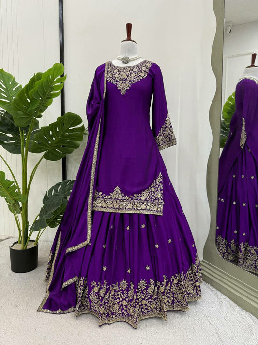 Chinon Silk With Micro Inner & Thread With Sequence & Four Side Lace Border With Elastic Lehenga