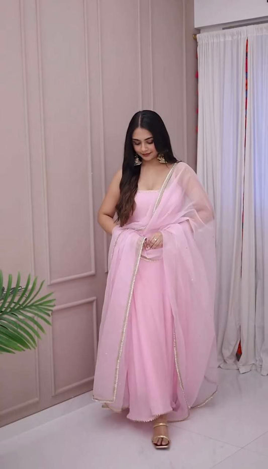 Faux Georgette With Embroidery Work With Lace Border And Beads Work With Elastic Bottom Gown