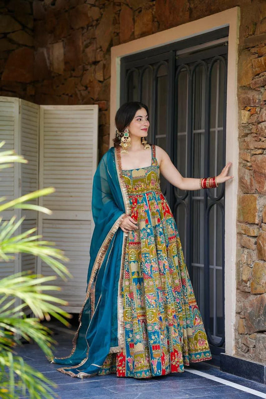 Pure Jimmy Organza Silk Digital Printed Padded Gown With Designer Lace Dupatta Type Anarkali Gown
