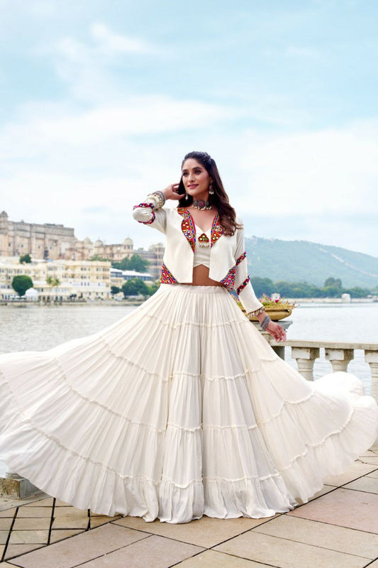 Pure Rayon With Original Mirror Gamthi Work With Cowrie Lace Touch Up With Canvas Lehenga Choli