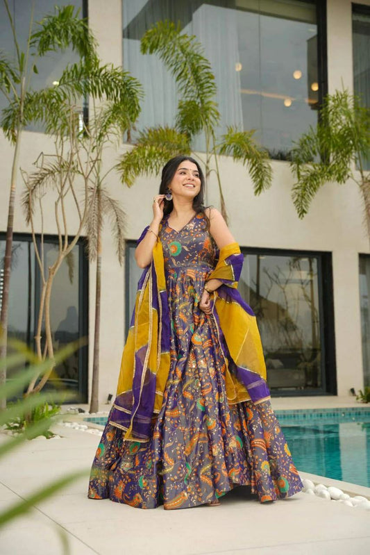 Digital Printed Jimmy Organza Silk Suit With Huge Flair And Organza Printed Dupatta With Lace Border Anarkali Gown