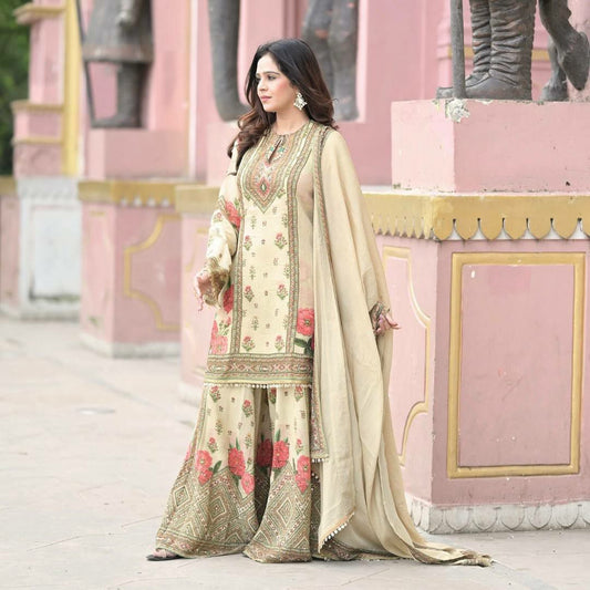 Pure Chinon Silk And Fancy Digital Print Lace With Real Mirror & Stone Hand Work With Latkan Lace Border Sharara Dress
