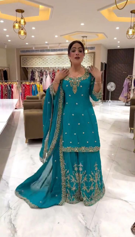 Pure Heavy Natural Crepe Silk And Heavy Embroidery Work With Moti Work And Fancy Latkan Dori Type Sharara Palazzo Dress