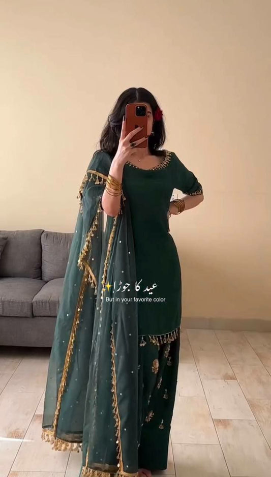 CHINON WITH SEQUENCE EMBROIDERY WORK AND GOLDEN COIN LACE WORK SHARARA DRESS