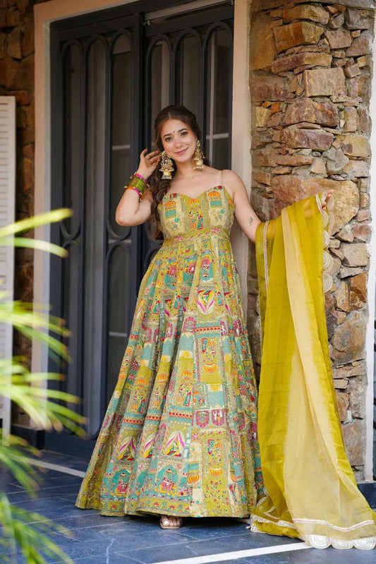 Same As Shown Digital Printed Sleeve Less Patten 8mtr Flair outfit !/ Anarkali Gown Dupatta