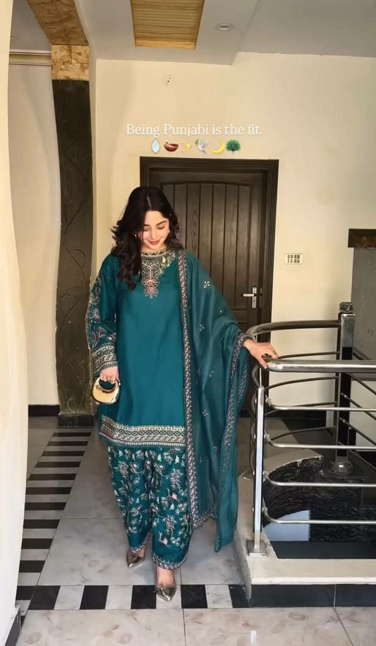 Pure Faux Georgette With Heavy Micro Cotton And Embroidery Sequence Work With Elastic Dhoti Salwar