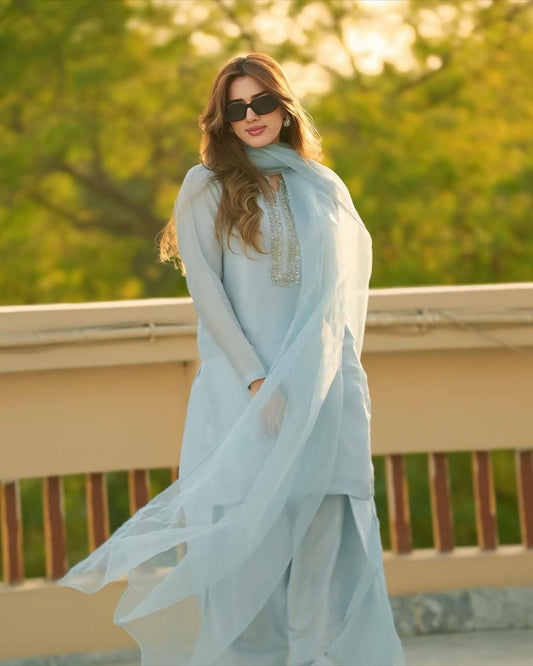 Faux Georgette With Elastic & Embroidery Work With Handwork And Beads Farshi Palazzo Dress