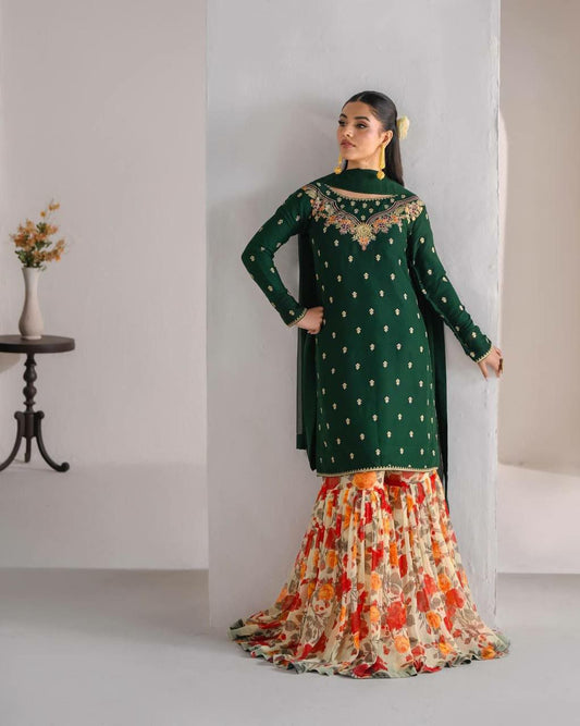 Fox Georgette With Heavy Micro Cotton And Embroidery Work Bottom Type Sharara Palazzo Dress