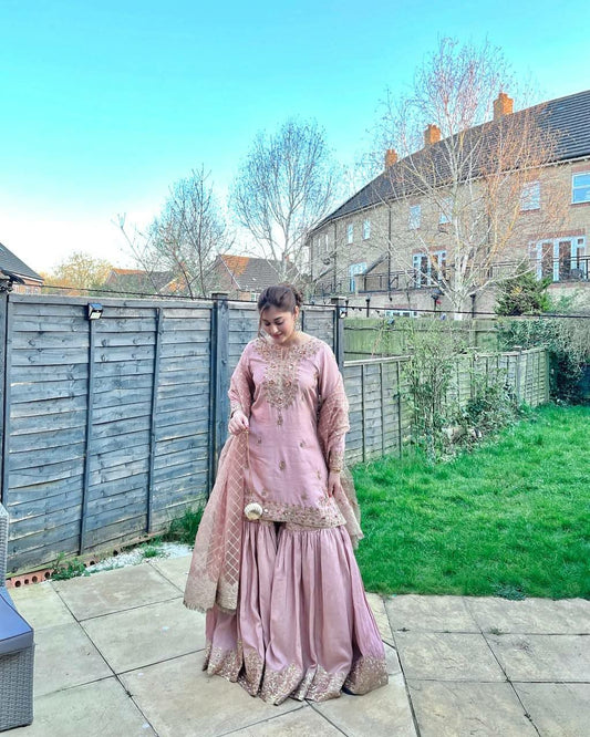 PURE CHINON SILK WITH ATTRACTIVE & BEAUTIFUL EMBROIDERY SEQUENCE WORK AND READY MADE LACE BORDER SHARARA KURTI