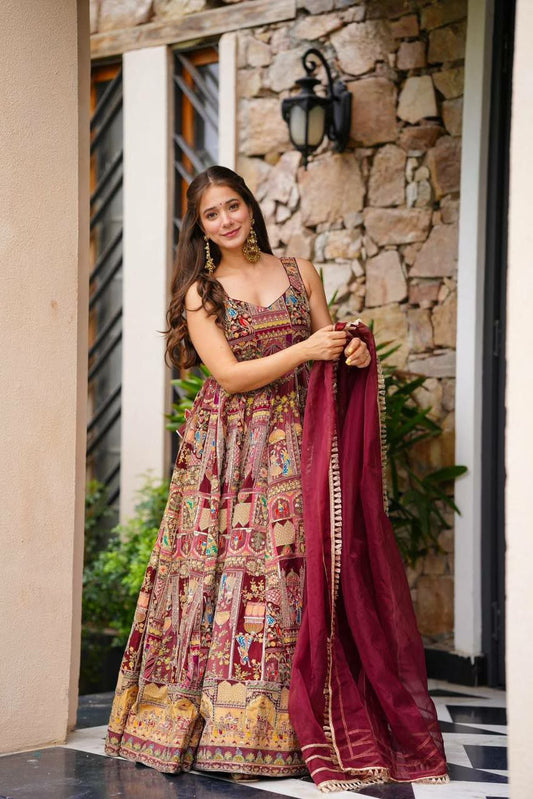 Anarkali Gown/ Pure Jimmy organza silk Fabric Maxi Length Printed Dress For Women