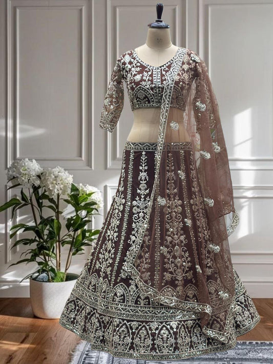 NET WITH EMBROIDERY SEQUENCE CODDING DESIGN WORK WITH CANCAN AND CANVAS LEHENGA CHOLI