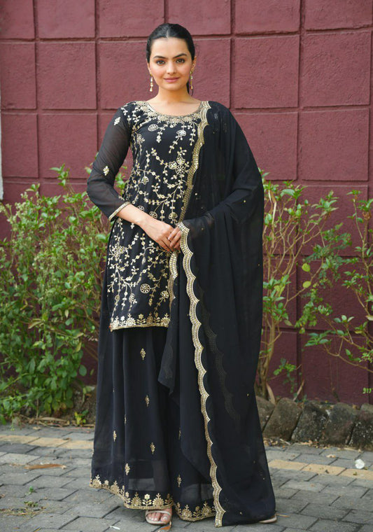 Fox Georgette And Heavy Embroidery Sequence Work With Elastic Sharara Dress