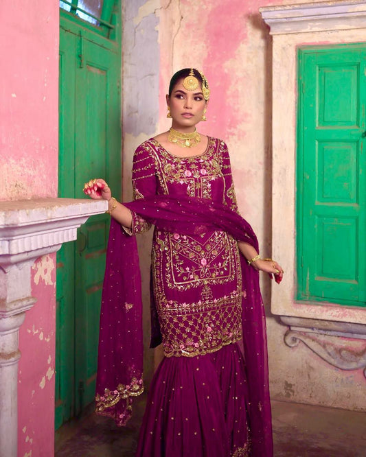 PURE CHINON SILK WITH ATTRACTIVE & BEUTYFUL EMBROIDERY SEQUENCE AND THREAD WORK SHARARA KURTI