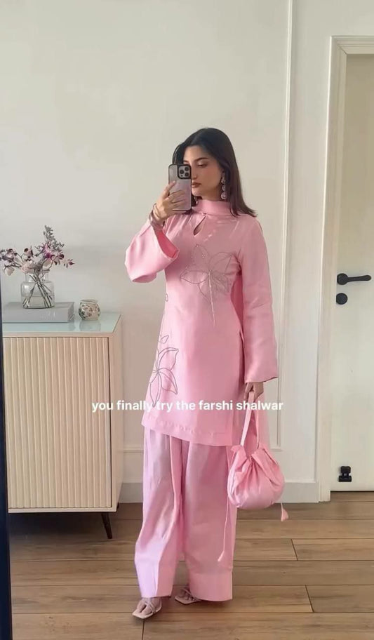 Pure Natural Crepe Silk With Hotfix Real Jharkhand Diamond Work With Elastic Farshi Palazzo Dress