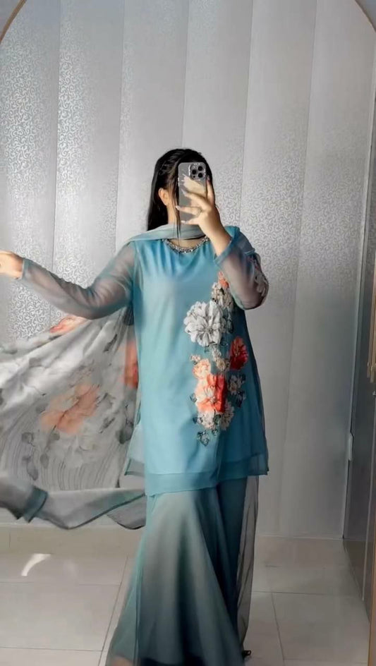 Fox Georgette With Digital Print With Real Khatali Hand Work Top & Pure Organza Silk With Full Flair Sharara Palazzo Dress