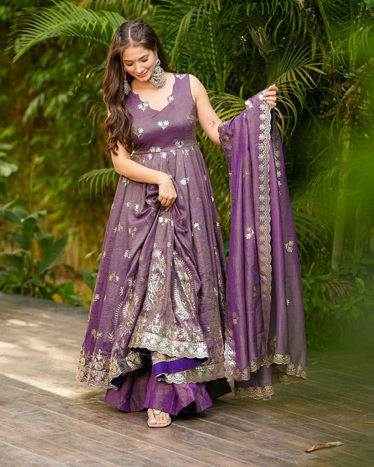 Crunchy Silk And Beautiful Embroidery Work With Fancy Full Sleeve With Elastic Palazzo Dress