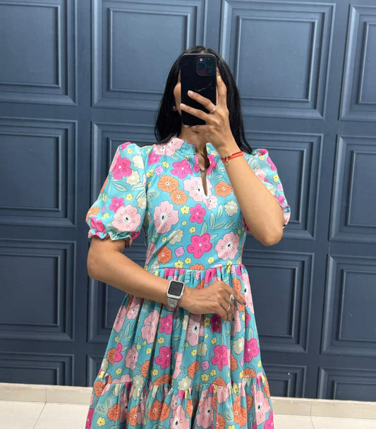 This Dress made from muslin cotton fabric with Print Work and stylish 3 Layer Pattern