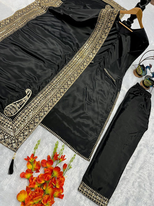 HAVY NATURAL CREP SILK WITH HAVY EMBROIDERY WORK AND MOTI WORK WITH MICRO COTAN AND ELASTIC WITH EMBRODARY