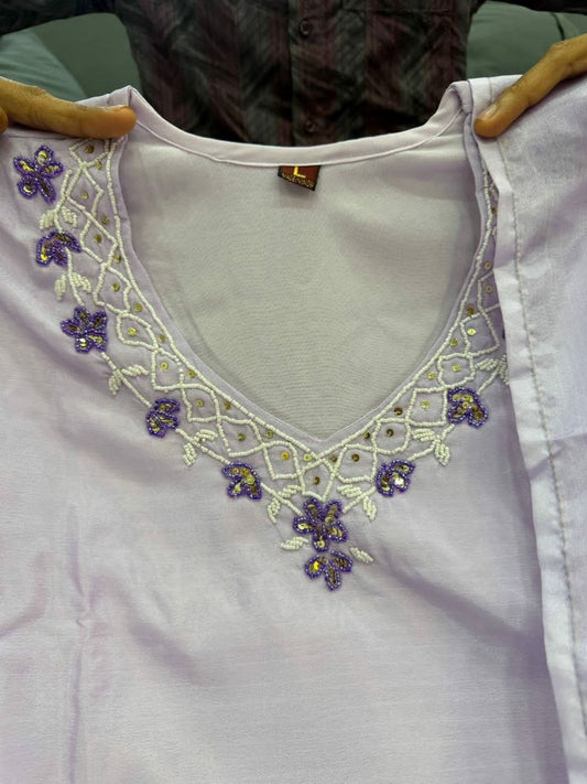 3-piece ready-made kurti set crafted from luxurious Premium Chinon fabric With Full Hand Work Nack Designed for festive and wedding occasions, this outfit blends tradition with modern charm.