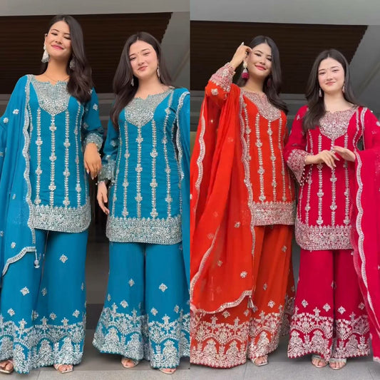 Pure Heavy Chinnon Silk With Heavy Embroidery Coding Sequence Work