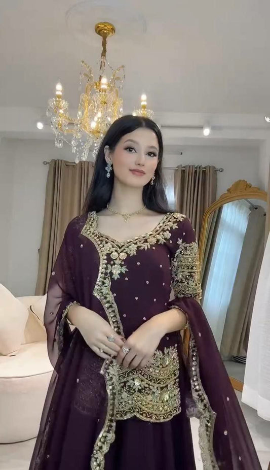 HEAVY FAUX GEORGETT BEAUTIFUL EMBROIDERY SEQUENCE AND CUT WORK