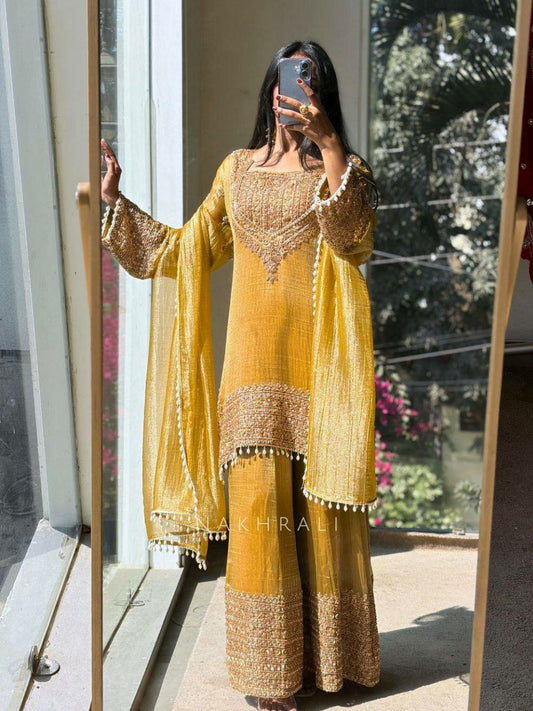 HEAVY FRENDY SILK WITH HEAVY EMBROIDERY DORI WORK AND MOTI LACE WORK