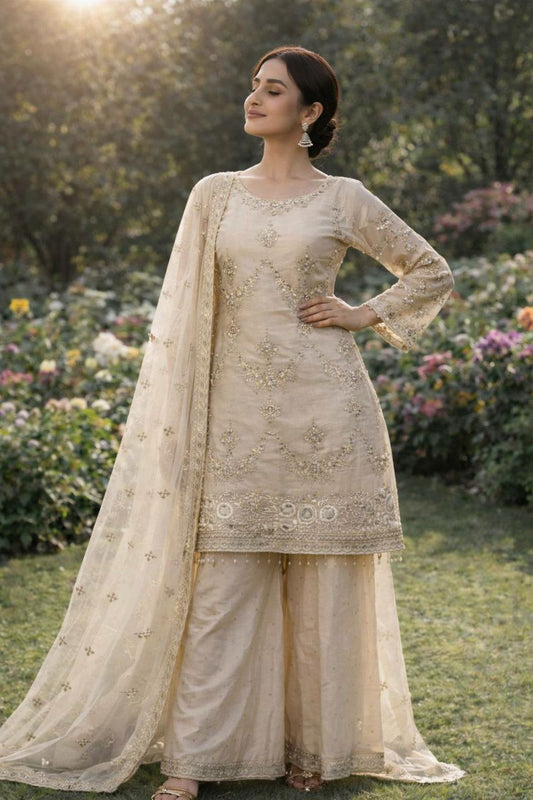 PURE PREMIUM KUNDAN ORGANZA BEAUTIFUL EMBROIDERY SEQUENCE WORK WITH READY MADE LACE BORDER