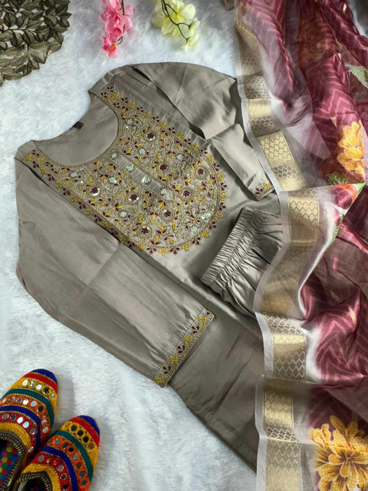 Roman Silk with Beautiful Embroidery With Sequence Work