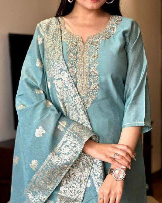 VISCOSE CHANDERI WITH SEQUENCE CODING EMBROIDERY WORK VISCOSE CHANDERI HEAVY JACQUARD DUPPTA