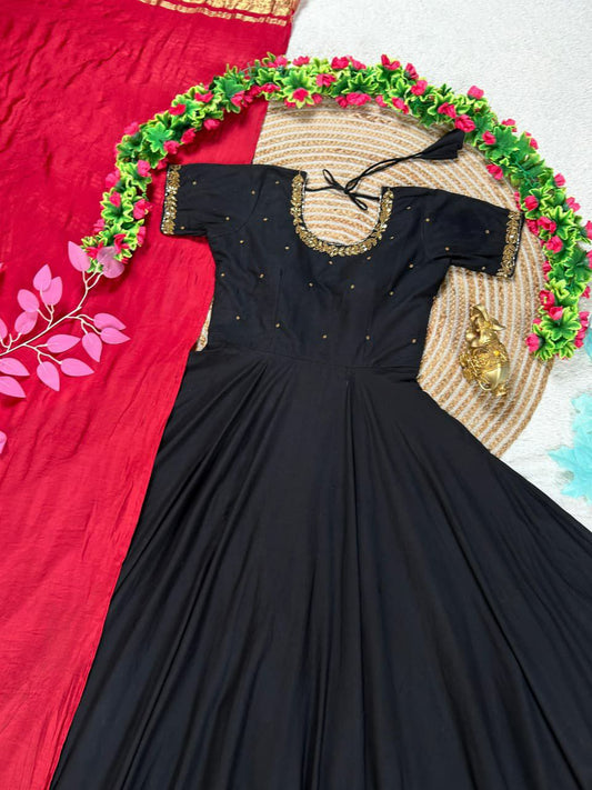 CLASSIC BLACK ANARKALI GOWN - COTTON SILK WITH HAND MAGGAM DETAILING