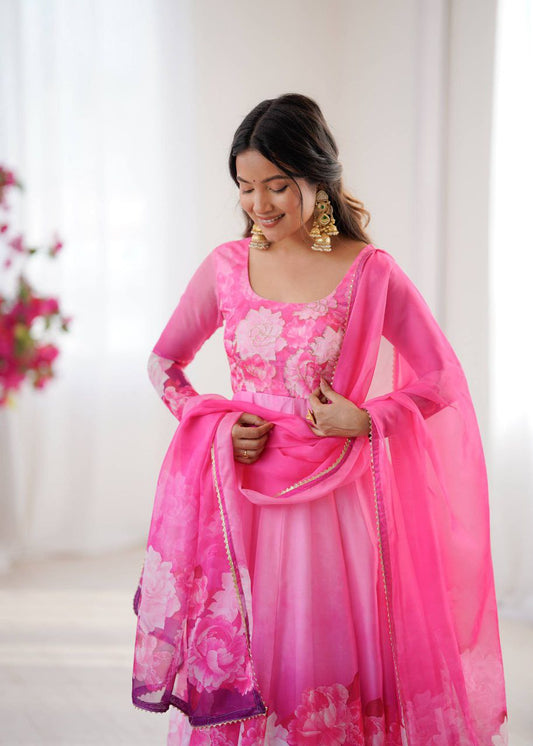 Organza Taby Silk With Digital Print , Four Side Golden Samosa Lece Broder ….