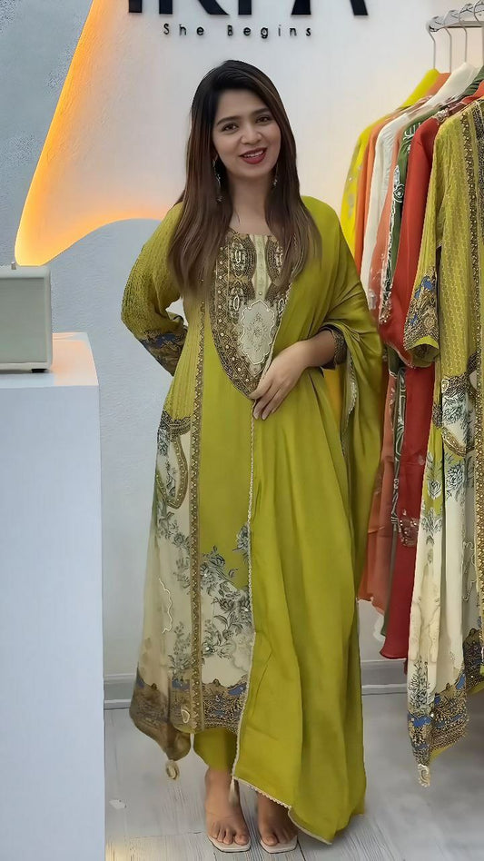 Heavy Frech Crep With Digital Print With Hand Work With Full Sleeves .